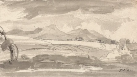 Blick über Felder zu fernen Bergen, mit einem Häuschen rechts